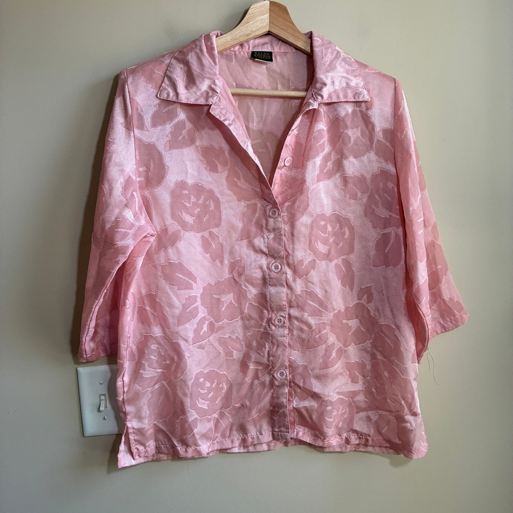 Salon Studio by Haband Floral Button Down MP Pink Womens Sheer Burnout Blouse